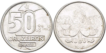 Бразилия 50 крузейро 1992 KM 620.2 нержавеющая сталь 4364-1854