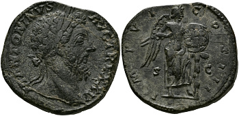 Римская Империя сестерций 170 - 171 Марк Аврелий IMP VII COS III Виктория, Рим Good Very fine 23,57 гр RIC 1001 бронза 1073-7-62