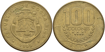 КОСТА-РИКА 100 КОЛОН 1999 со KM 230а.1 латунь 82-245