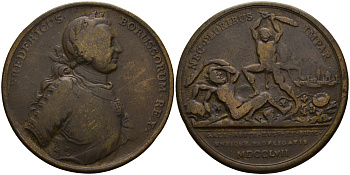 ПРУССИЯ МЕДАЛЬ 1757 НА СОБЫТИЯ ВОЙНЫ РОССИИ С ПРУССИЕЙ, ДИАМЕТР 42 ММ. ВЕС 21,9 ГР. бронза 00-00