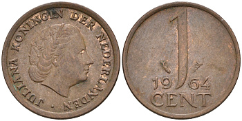 Нидерланды 1 цент 1964 Юлиана (1948-1980) КМ 180 бронза    4174-565