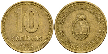 Аргентина 10 сентаво 1992 герб KM 107 алюминиевая бронза 4174-756