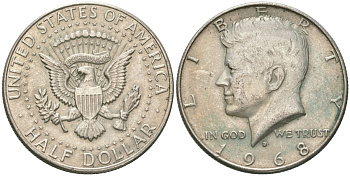 США 1/2 доллара (50 центов) 1968 D, Джон Кеннеди KM 202a серебро 221-1025