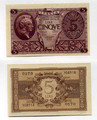 Италия 5 лир 1944 23 ноября 1944 Афина в шлеме, signatures: BoLaffi / CavalLaro / Giovinco Pick 31a, Grapanzano BS 29 00-00