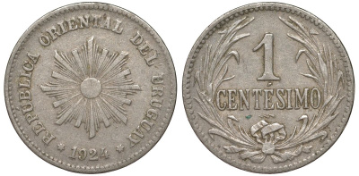 Уругвай 1 сентесимо 1924 KM 19 медно-никель 3955-829