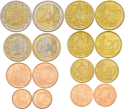 ФРАНЦИЯ ЕВРОНАБОР ИЗ 8 МОНЕТ 2000 (1, 2, 5, 10, 20, 50 ЕВРОЦЕНТОВ, 1, 2 ЕВРО) KM 1282, 1283, 1284, 1285, 1286, 1287, 1288, 1289 UNC N6-48