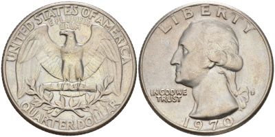 США 25 центов (квотер) 1970 D, Вашингтон KM 164a медь плакированная медно-никелем 4114-754