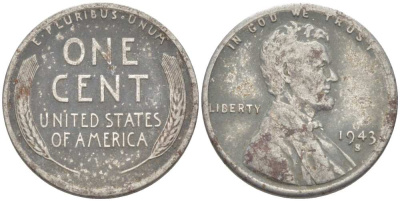 США 1 цент 1943 S (Сан-Франциско), Авраам Линкольн KM 132а сталь плакированная цинком 3309-463