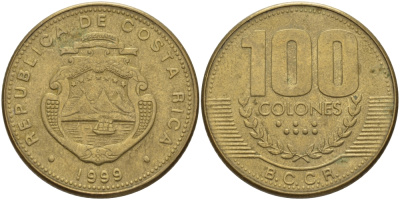 КОСТА-РИКА 100 КОЛОН 1999 со KM 230а.1 латунь 82-245