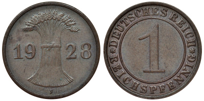 Германия 1 рейхспфенниг 1928 F KM 37, J. 313 бронза 4124-118