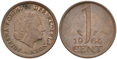 Нидерланды 1 цент 1964 Юлиана (1948-1980) КМ 180 бронза    4174-565