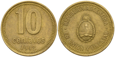 Аргентина 10 сентаво 1992 герб KM 107 алюминиевая бронза 4174-756