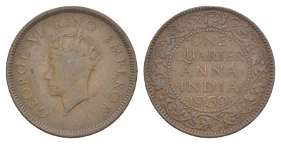 Британская Индия 1/4 анна 1939 Георг VI (1936-1952) KM 530 бронза 4650-945