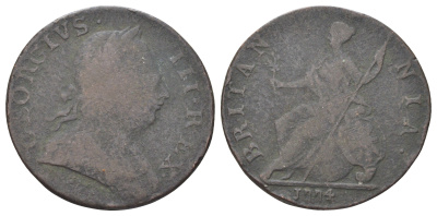 Великобритания 1/2 пенни 1774 Георг III (1760-1820) KM 601, Spink 3774 медь 4707-843