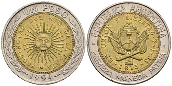 Аргентина 1 песо 1994 A, майское солнце, 8 эскудо 1813 KM 112.1, CJ 6.1, Schon 113 биметалл    60-455