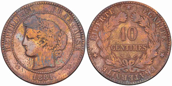 ФРАНЦИЯ 10 САНТИМОВ 1881 A, ТРЕТЬЯ РЕСПУБЛИКА (1871-1940) KM 815.1, LA FRANC 135.25 бронза 97-632