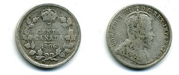КАНАДА 5 ЦЕНТОВ 1906 ЭДУАРД VII KM 13 серебро 46-2454