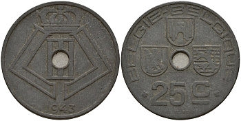 Бельгия 25 сантимов 1943 Belgie - Belgique, Леопольд III (1934-1947), германская оккупация, Вторая мировая война KM 132 цинк 4157-534