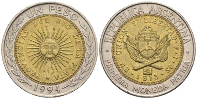 Аргентина 1 песо 1994 A, майское солнце, 8 эскудо 1813 KM 112.1, CJ 6.1, Schon 113 биметалл    60-455