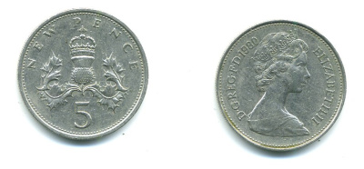 Великобритания 5 пенсов 1980 Елизавета II (1952-2022) KM 911, Spink 4233 (D1) медно-никель 540-521