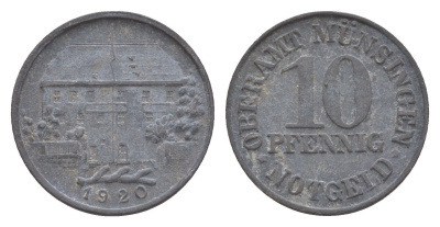 Мюнзинген 10 пфеннигов 1920 Funck 349.1, Men05 18073.1, Men18 22610.1 цинк 4636-942
