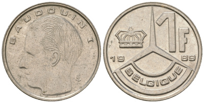 Бельгия 1 франк 1989 Belgique, Бодуэн I (1951-1993) KM 170 железо плакированное никелем 4576-623