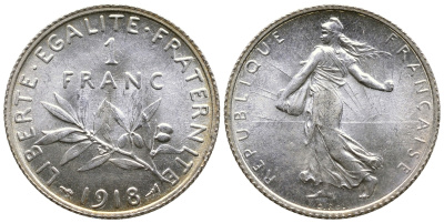 Франция 1 франк 1918 сеятель KM 844.1, Le Franc 217.24 серебро UNC 3259-736
