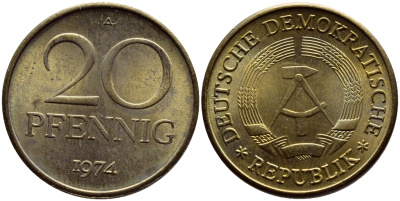 ГДР 20 пфеннигов 1974 А KM 11 латунь UNC 4681-412