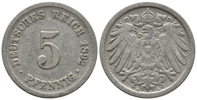 ГЕРМАНИЯ 5 ПФЕННИГОВ 1892 A KM 11, J. 12 медно-никель 39-644