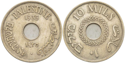 Израиль, Палестина 10 милсов 1935 Британская администрация, редкий год KM 4 медно-никель 4185-1221