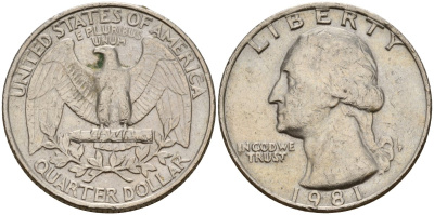 США 25 центов (квотер) 1981 P, Джордж Вашингтон KM 164a медь плакированная медно-никелем 4150-1027