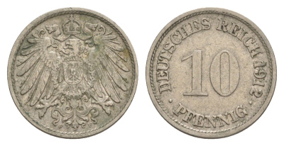 Германия 10 пфеннигов 1912 F, Вильгельм II (1888-1918) KM 12, J. 13 медно-никель 4644-1213