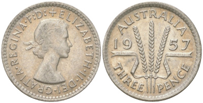 Австралия 3 пенса 1957 m, Елизавета II (1952-2022) KM 57 серебро 4621-1242