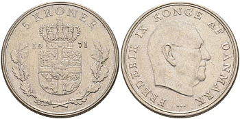Дания 5 крон 1971 С; S; Фредерик IX (1947-1972) KM 853.1 медно-никель 189-1234
