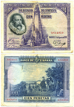 Испания 100 песет 1928 Мигель де Сервантес Сааведра, памятник Сервантесу, картина Дон Кихот Pick 76 а бумага 7484-24-2