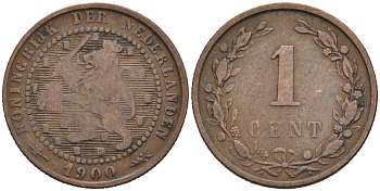 Нидерланды 1 цент 1900 Вильгельмина (1890-1948) KM 107 бронза 4576-641