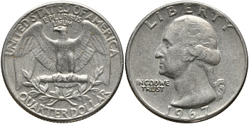 США 25 центов (квотер) 1967 Вашингтон KM 164a медь плакированная медно-никелем 4390-1114