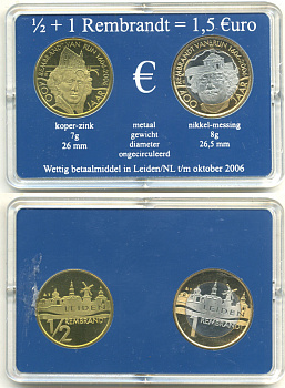 Нидерланды набор из 2 жетонов 2006 1/2 рембрандта и 1 рембрандт = 1,5 евро, 400 лет со дня рождения Рембрандта, в оригинальной пластиковой упаковке биметалл UNC 5-6-2-53