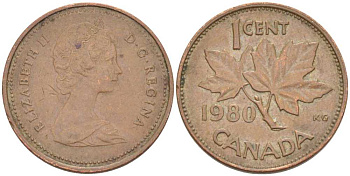 Канада 1 цент 1980 Елизавета II (1952-2022), кленовый лист KM 127 бронза 46-655