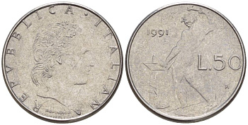 ИТАЛИЯ 50 ЛИР 1991 R, БОГ ОГНЯ ВУЛКАН У НАКОВАЛЬНИ, ДИАМЕТР 17 ММ. KM 95.2 нержавеющая сталь 4551-424