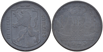 БЕЛЬГИЯ 1 ФРАНК 1943 BELGIQUE-BELGIE, ГЕРМАНСКАЯ ОККУПАЦИЯ KM 127 цинк 31-1235