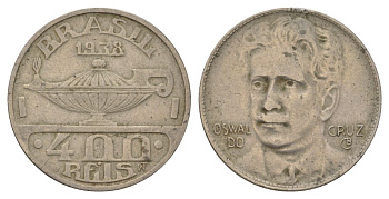 Бразилия 400 реалов 1938 Освалду Крус KM 539 медно-никель 4626-113