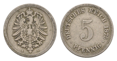Германия 5 пфеннигов 1875 A, Вильгельм I (1871-1888) KM 3, J. 3, Weege 5 медно-никель 4639-1242