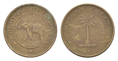Либерия 1/2 цента 1937 KM 10 латунь 4614-828