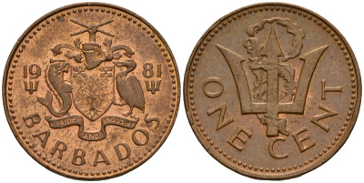 Барбадос 1 цент 1981 FM, сломанный трезубец Британии KM 10 бронза 4158-649
