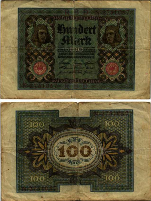 ГЕРМАНИЯ 100 МАРОК 1920 1 НОЯБРЯ 1920, СЕМЬ ЦИФР В НОМЕРЕ СЕРИИ Pick 69а бумага 7191-56-2