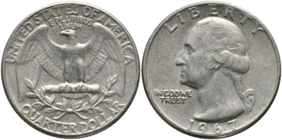 США 25 центов (квотер) 1967 Вашингтон KM 164a медь плакированная медно-никелем 4390-1114