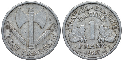 Франция 1 франк 1943 правительство Виши KM 902.1, Le Franc 223.3 алюминий 4128-347