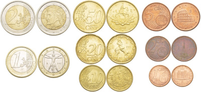 Италия евронабор из 8 монет 2002 1, 2, 5, 10, 20, 50 евроцентов, 1 и 2 евро KM 210, 211, 212, 247, 248, 249, 250, 251 UNC N6-34