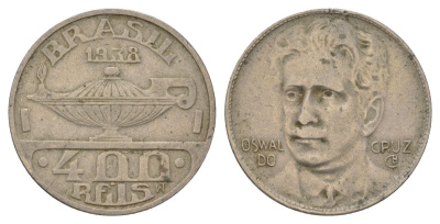 Бразилия 400 реалов 1938 Освалду Крус KM 539 медно-никель 4626-113